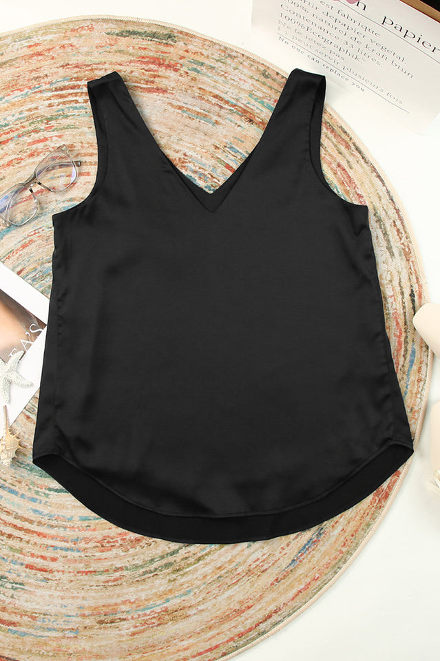 V Neck Silk Vest Top with Dipped Back Hem