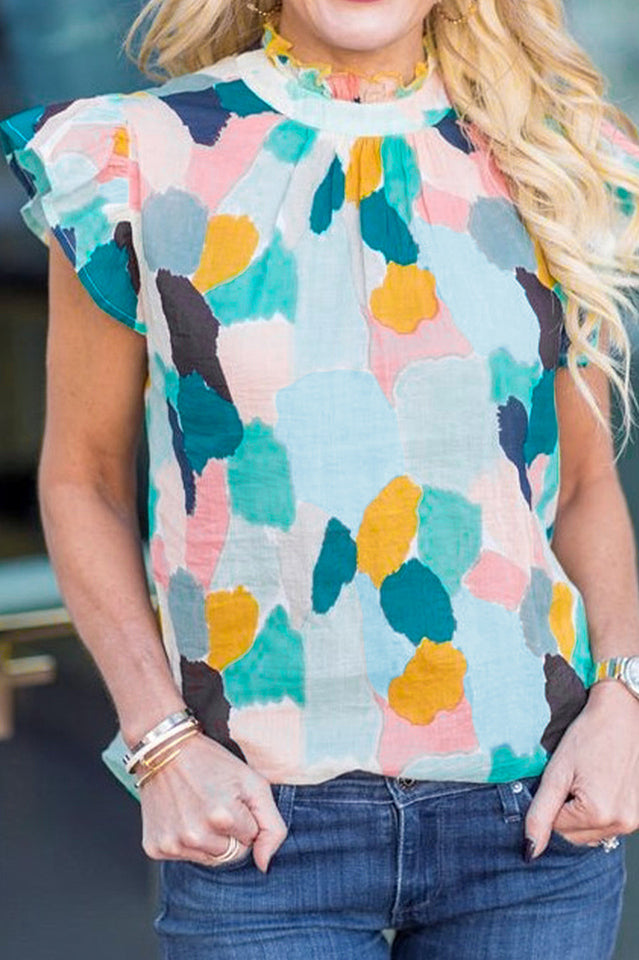 Lightweight Abstract Print Top with Ruffled Sleeves