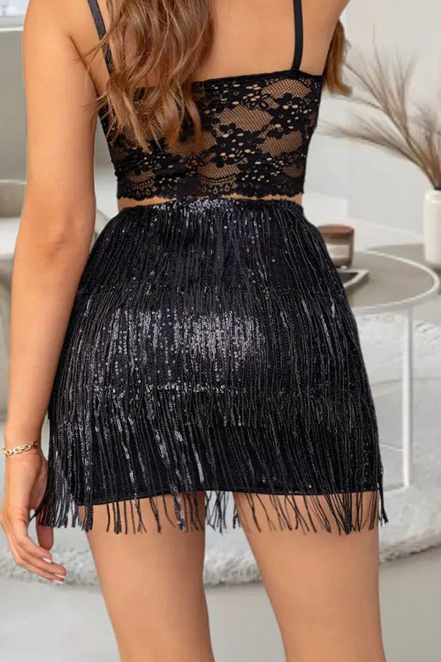 Persephone Sequin Skirt with Fringe Detail