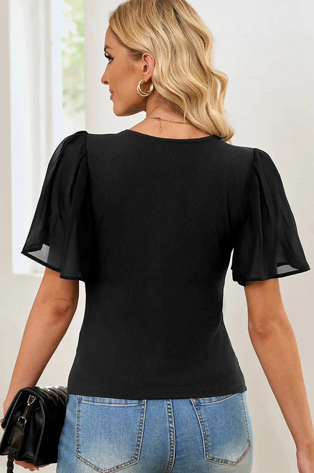 V-Neck Semi-Sheer Flutter Sleeve Top