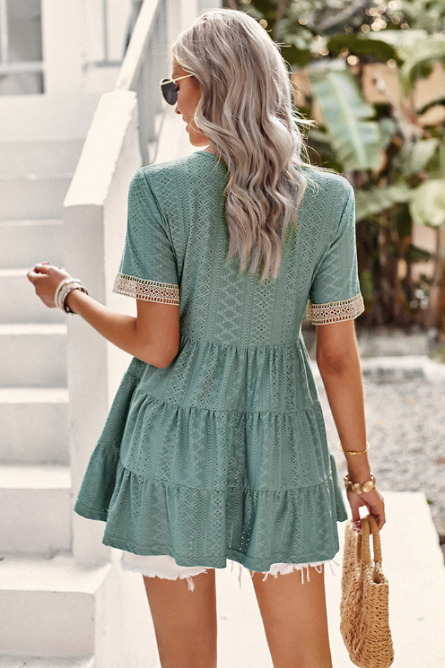 Contrast Short Sleeve Tiered Blouse in Eyelet Design