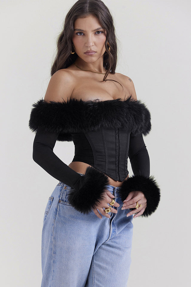 Black Faux Fur Trimmed Off-Shoulder Bustier