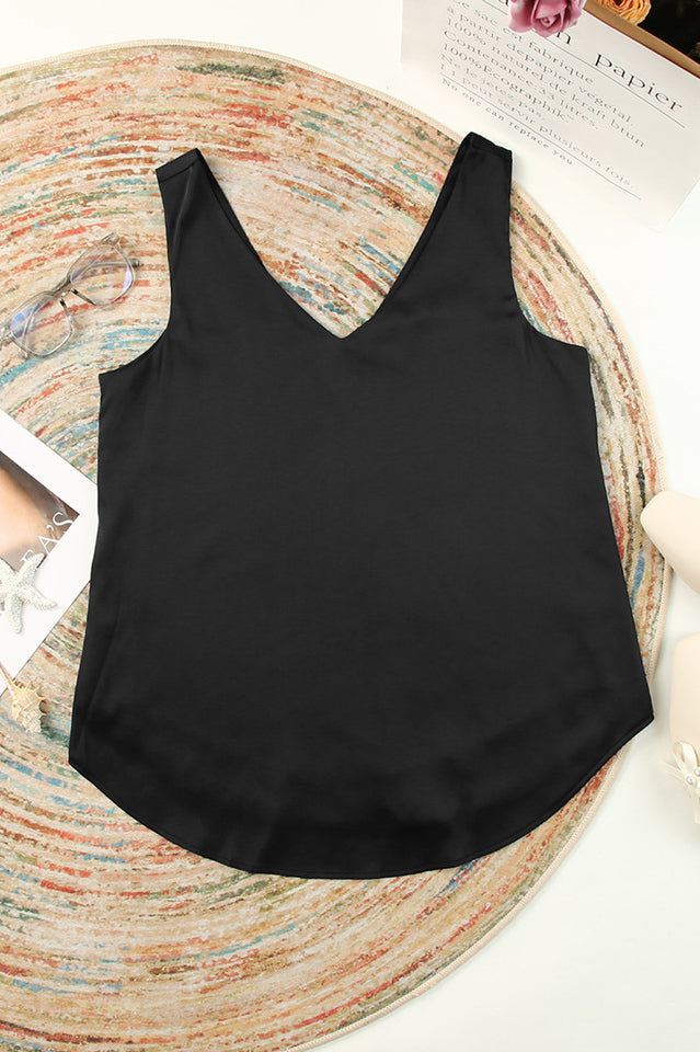 V Neck Silk Vest Top with Dipped Back Hem