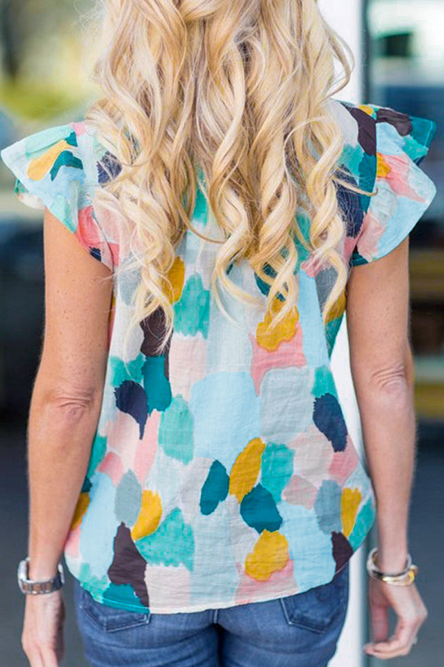 Lightweight Abstract Print Top with Ruffled Sleeves