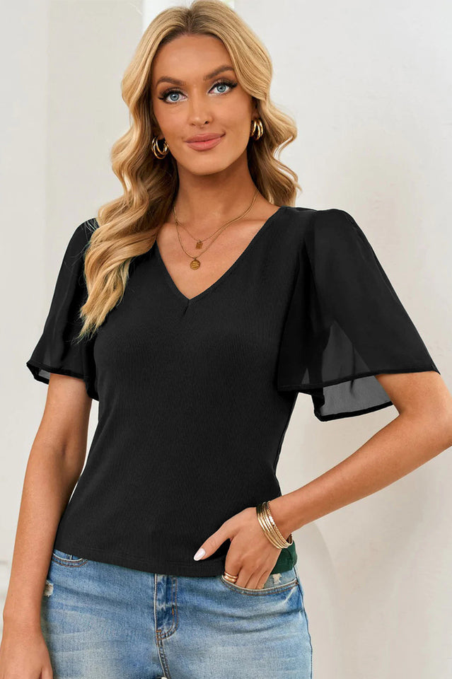 V-Neck Semi-Sheer Flutter Sleeve Top