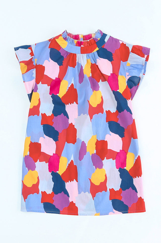 Lightweight Abstract Print Top with Ruffled Sleeves