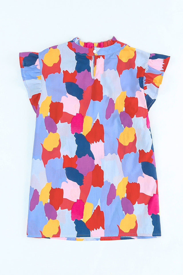 Lightweight Abstract Print Top with Ruffled Sleeves