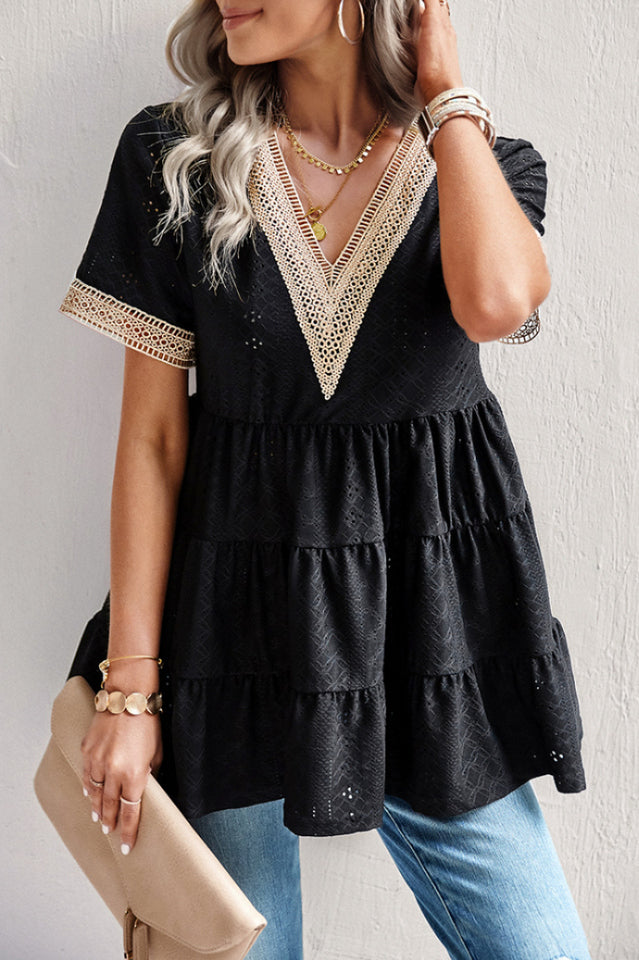 Contrast Short Sleeve Tiered Blouse in Eyelet Design