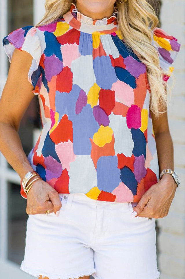 Lightweight Abstract Print Top with Ruffled Sleeves