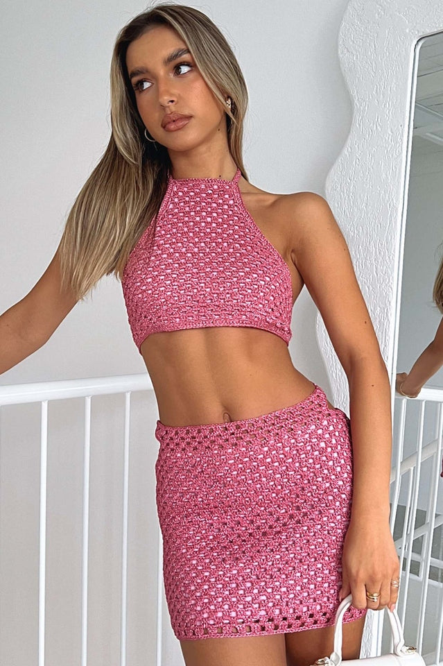 Cutout Crochet Top and Mini Skirt Set