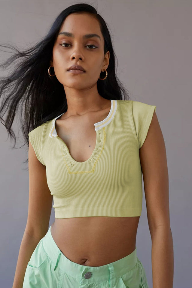 Notched Neck Cap Sleeve Cropped Tee Top