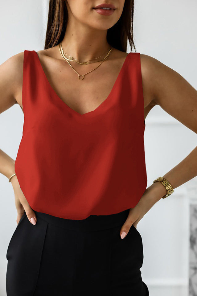 V Neck Silk Vest Top with Dipped Back Hem