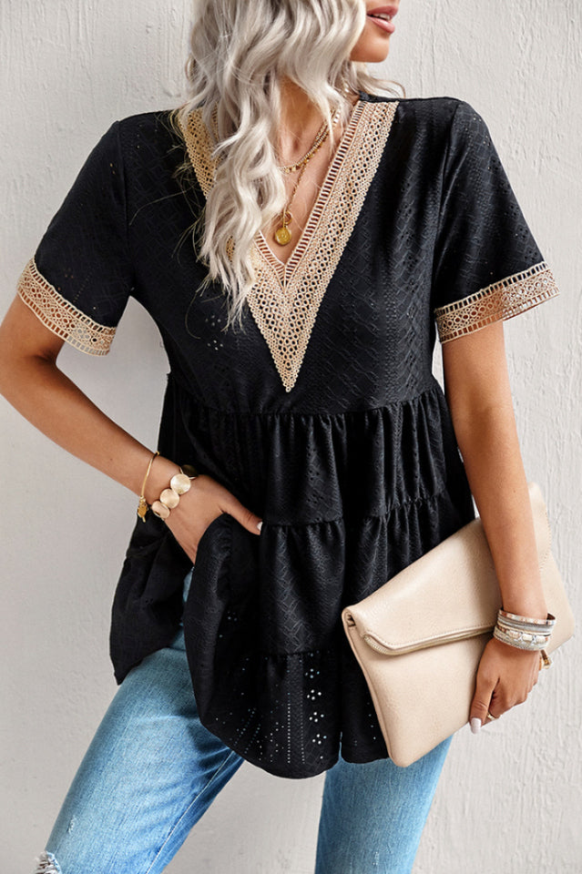 Contrast Short Sleeve Tiered Blouse in Eyelet Design