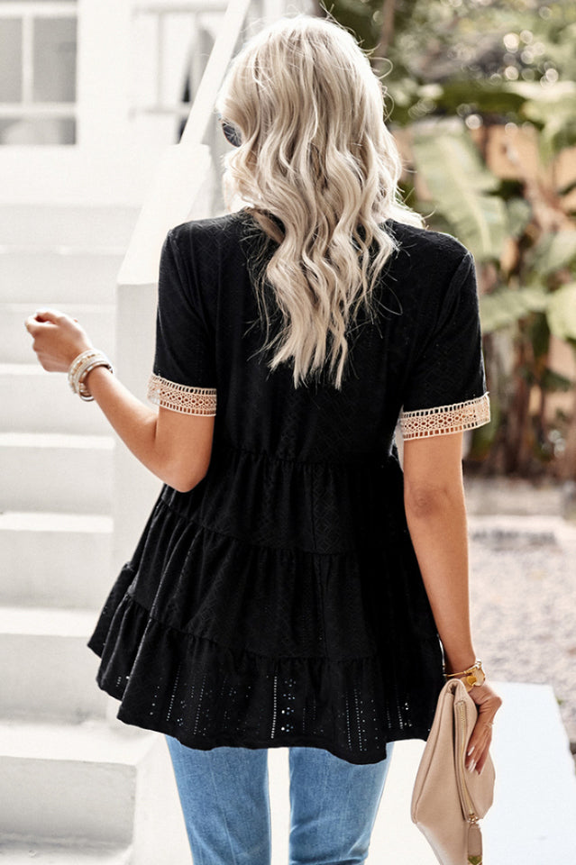 Contrast Short Sleeve Tiered Blouse in Eyelet Design