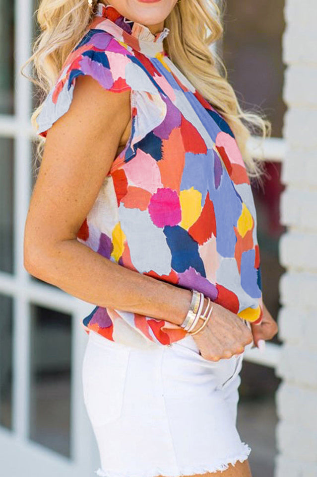 Lightweight Abstract Print Top with Ruffled Sleeves