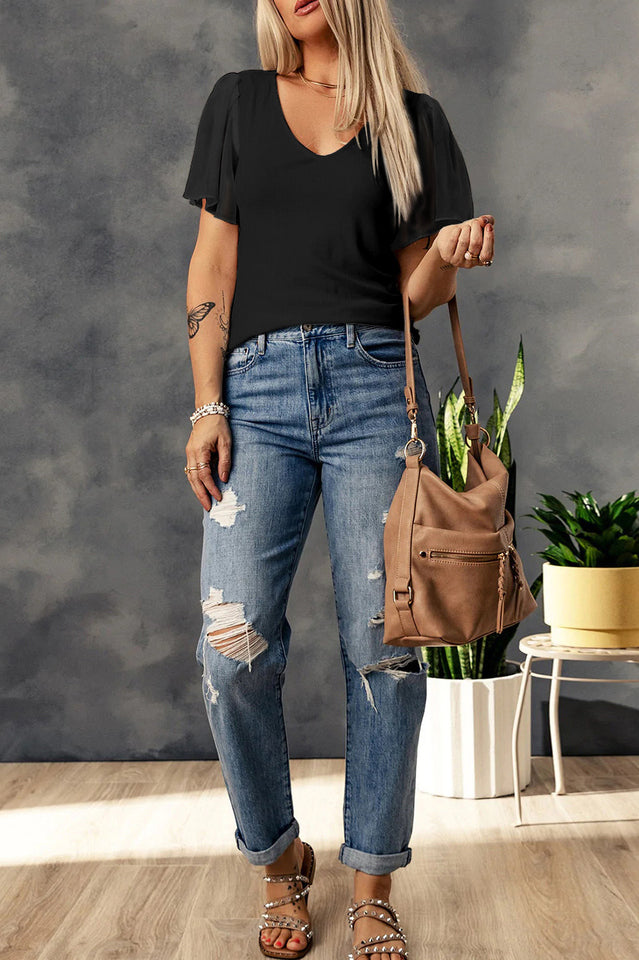 V-Neck Semi-Sheer Flutter Sleeve Top