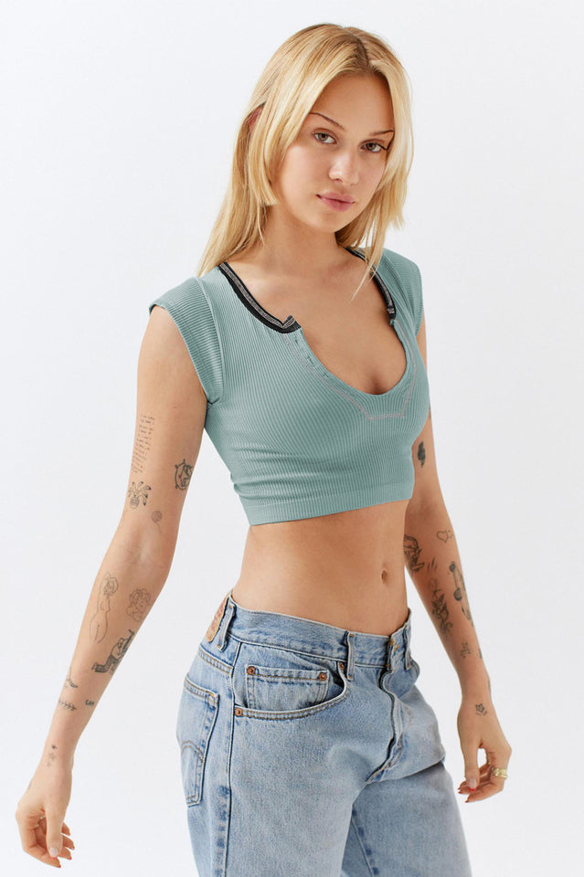 Notched Neck Cap Sleeve Cropped Tee Top