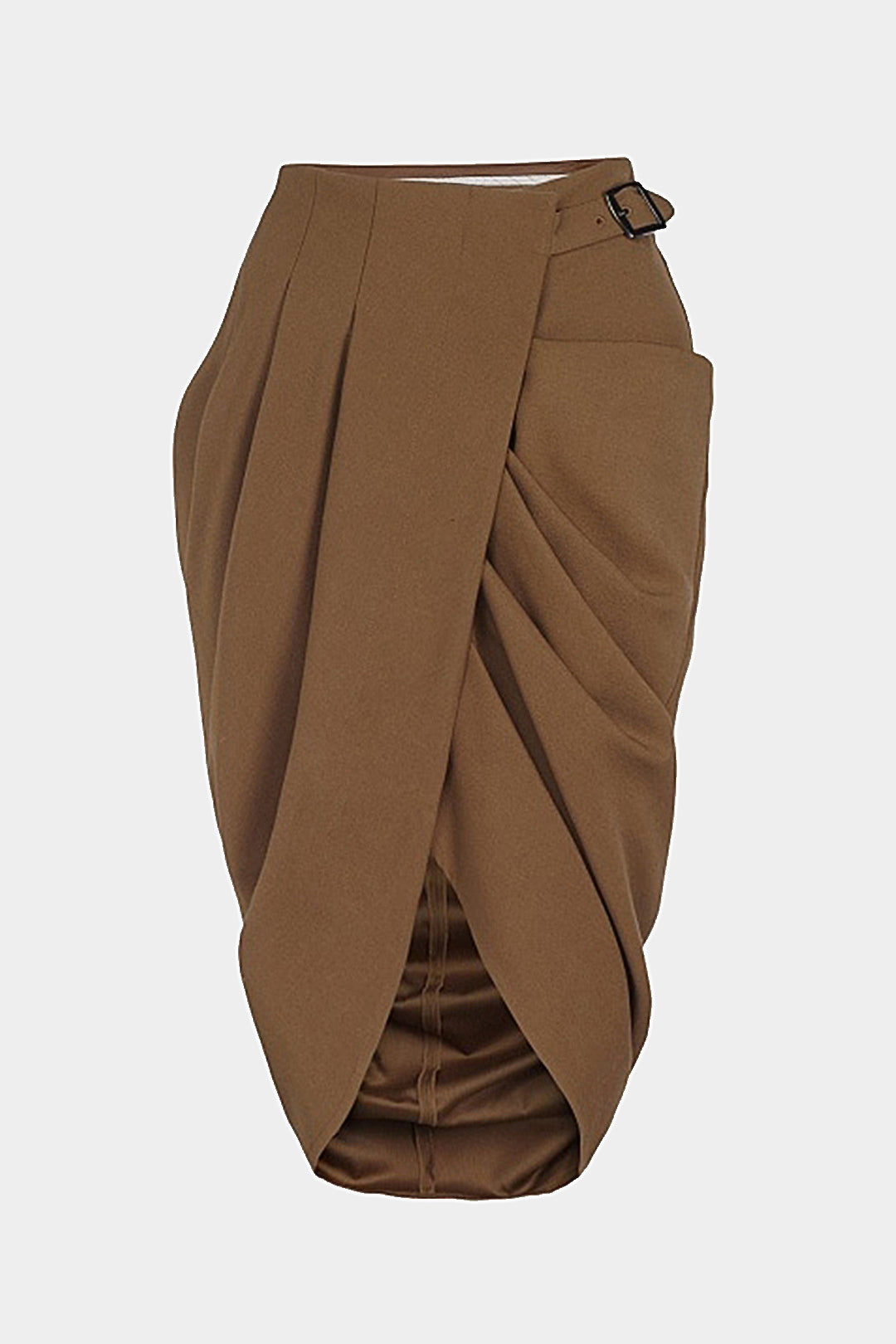 Asymmetry Belt Ruched Midi Skirt in Twill Fabric