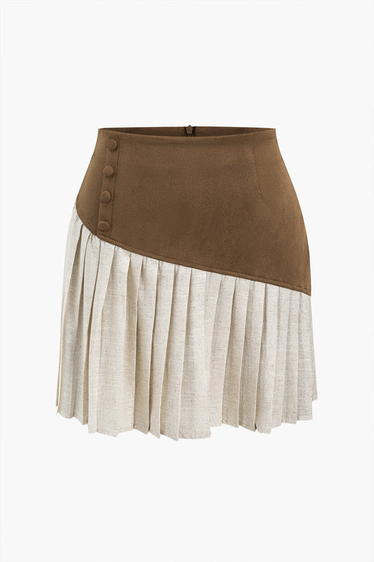 Linen Button Patchwork Pleated Skirt for Special Occasions