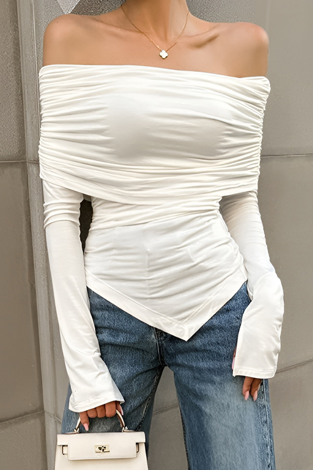 Ruched Asymmetrical Off Shoulder Long-Sleeve Top