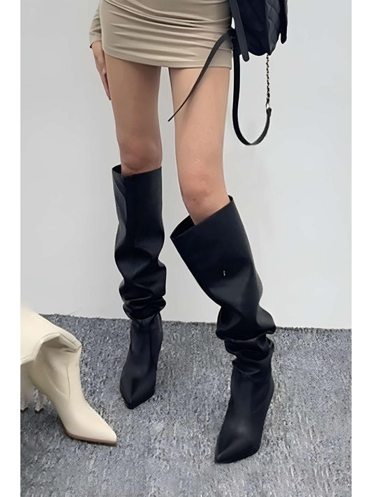 Pointed Toe Stiletto Knee High Boots in PU Leather