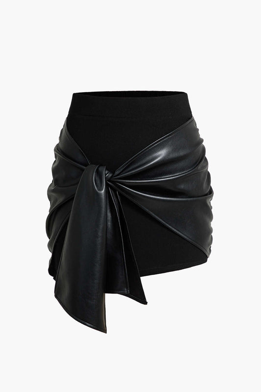 Patchwork Faux Leather Tie Front Mini Skirt