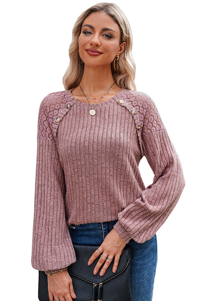 Buttoned Ribbed Top with Lace Sleeves