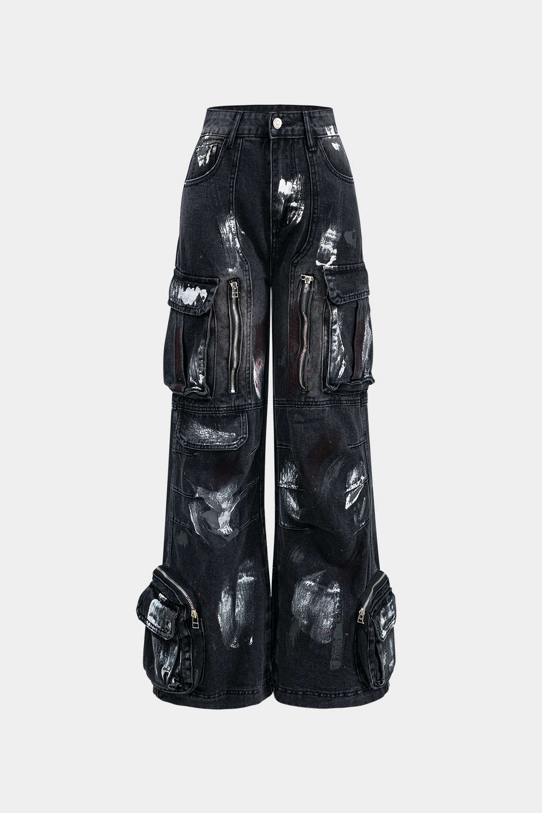 Graffiti Denim Wide Leg Jeans with Button Pockets