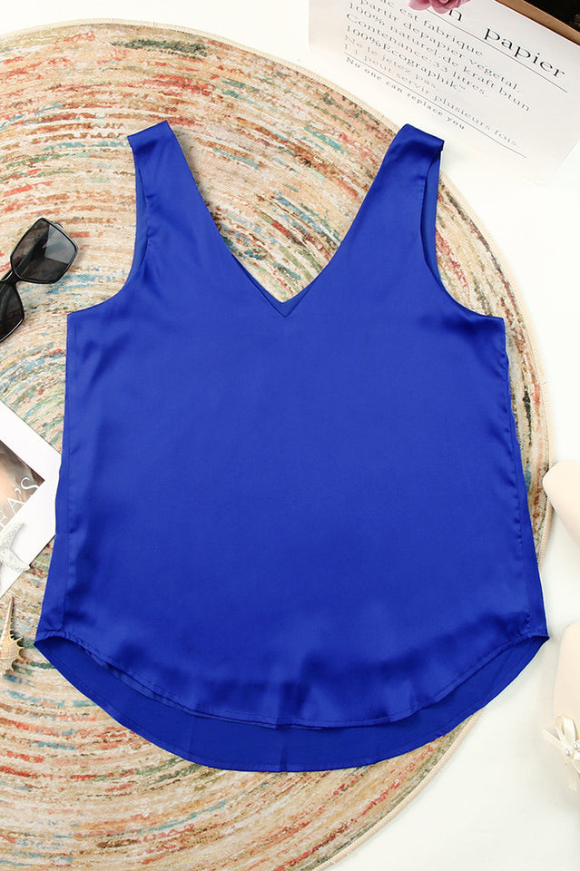 V Neck Silk Vest Top with Dipped Back Hem