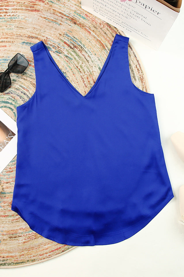 V Neck Silk Vest Top with Dipped Back Hem