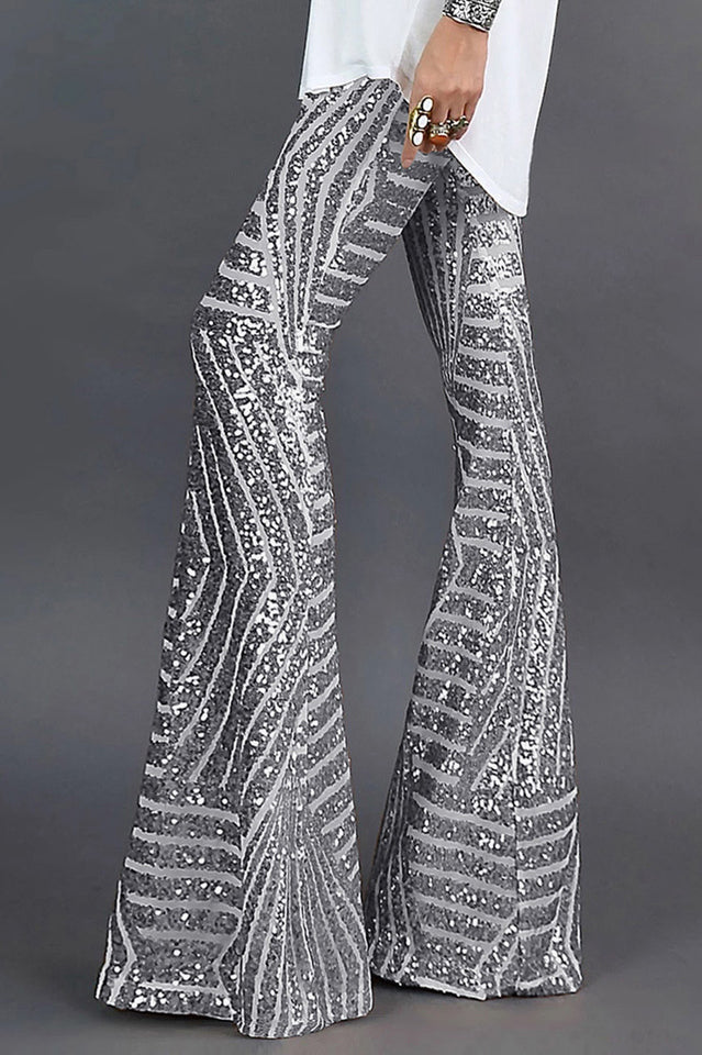 Sequin High Rise Flare Pants with Elastic Waist