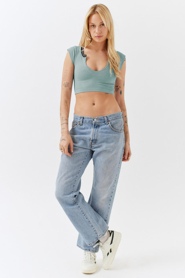 Notched Neck Cap Sleeve Cropped Tee Top