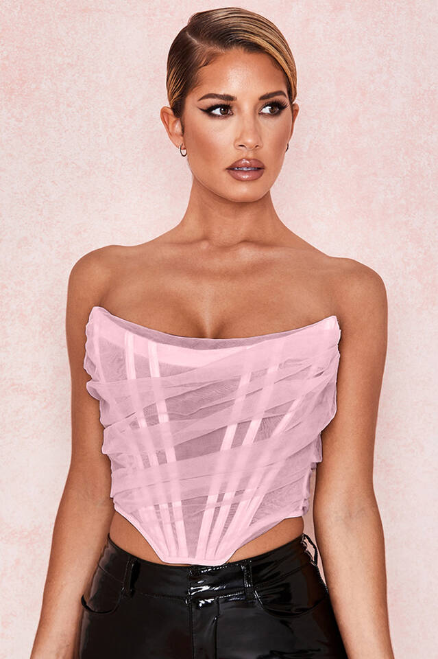 Mesh Boned Corset Top With Chiffon Draping