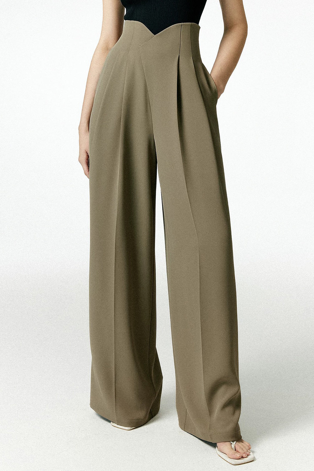 Pleated Asymmetrical Wide Leg Trousers in Twill Fabric