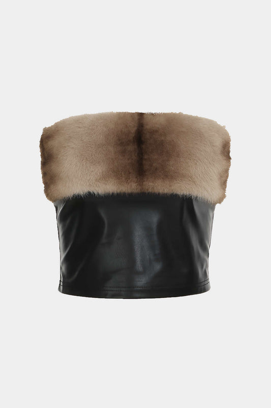 Patchwork Faux Leather Strapless Tube Top