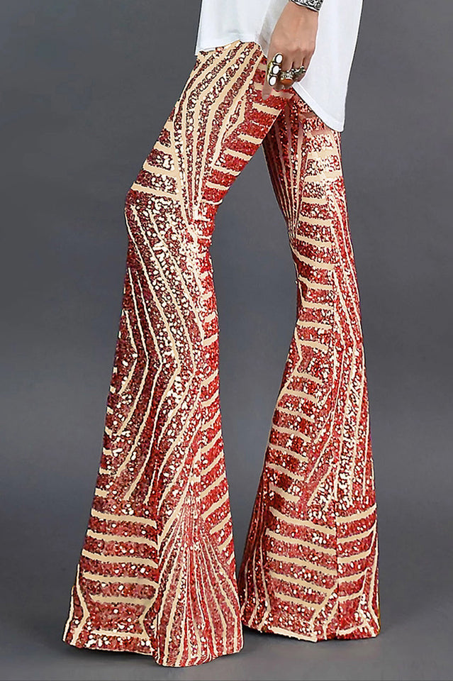 Sequin High Rise Flare Pants with Elastic Waist