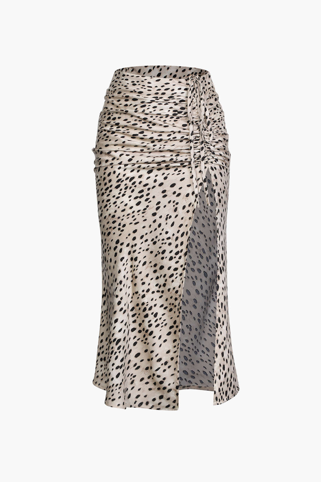 Leopard Drawstring Slit Skirt in Satin Fabric