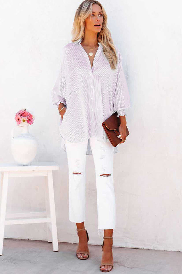 Smocked Cuffed Striped Oversized Boyfriend Shirt