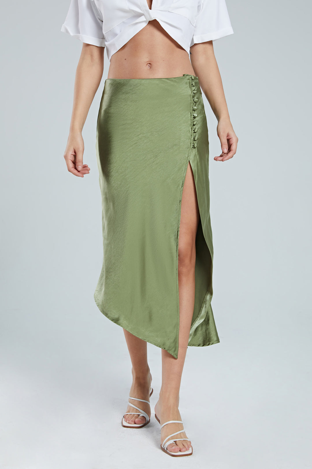 Asymmetric Hem Slit Button Detail Skirt