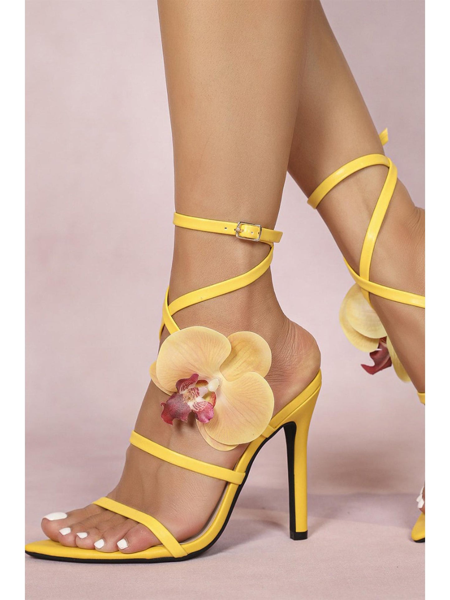 Faux Leather 3D Floral Crossed Pointed Heels