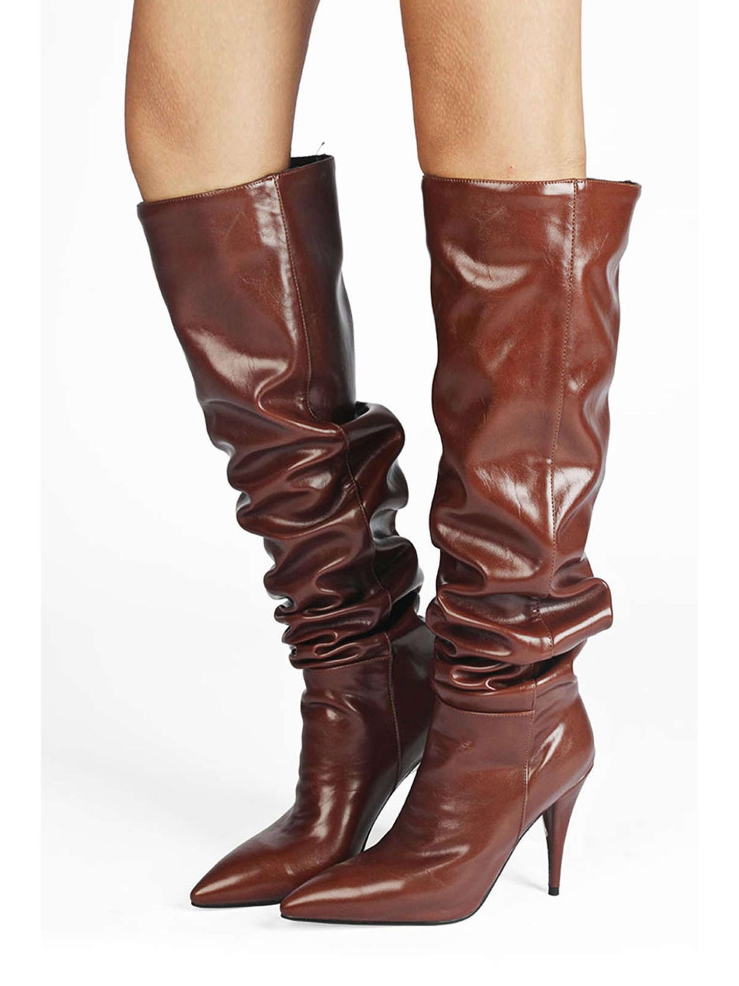 Ruched Faux Leather Pointed Toe Knee High Boots