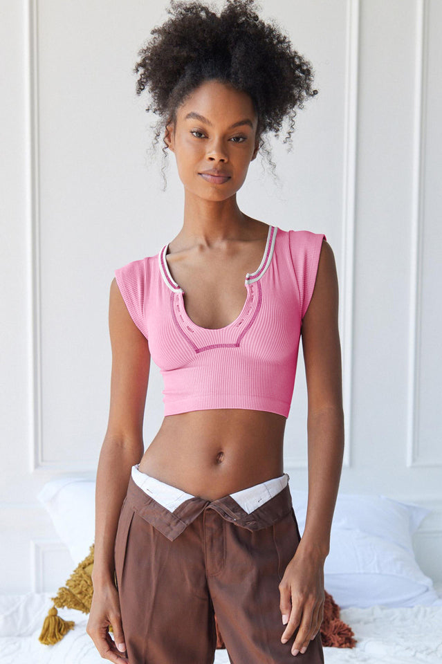 Notched Neck Cap Sleeve Cropped Tee Top