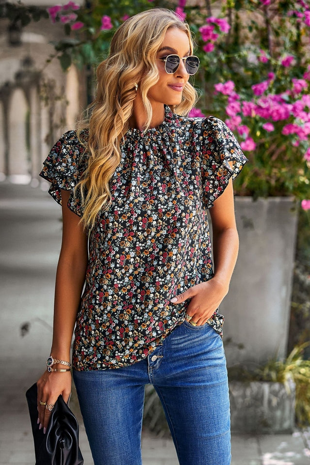 Floral Flutter Sleeve Casual Top