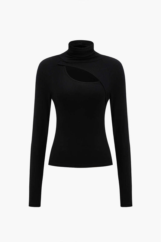 Solid Hollow Out Long-Sleeve Fitted Top