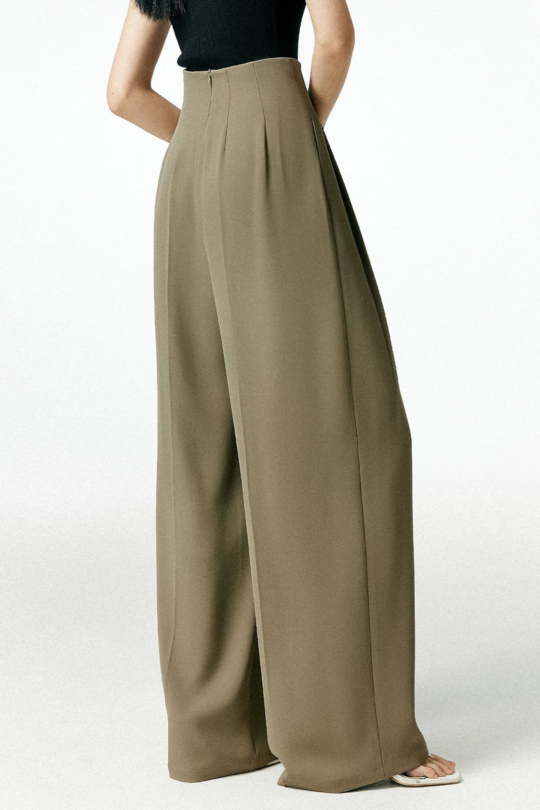 Pleated Asymmetrical Wide Leg Trousers in Twill Fabric