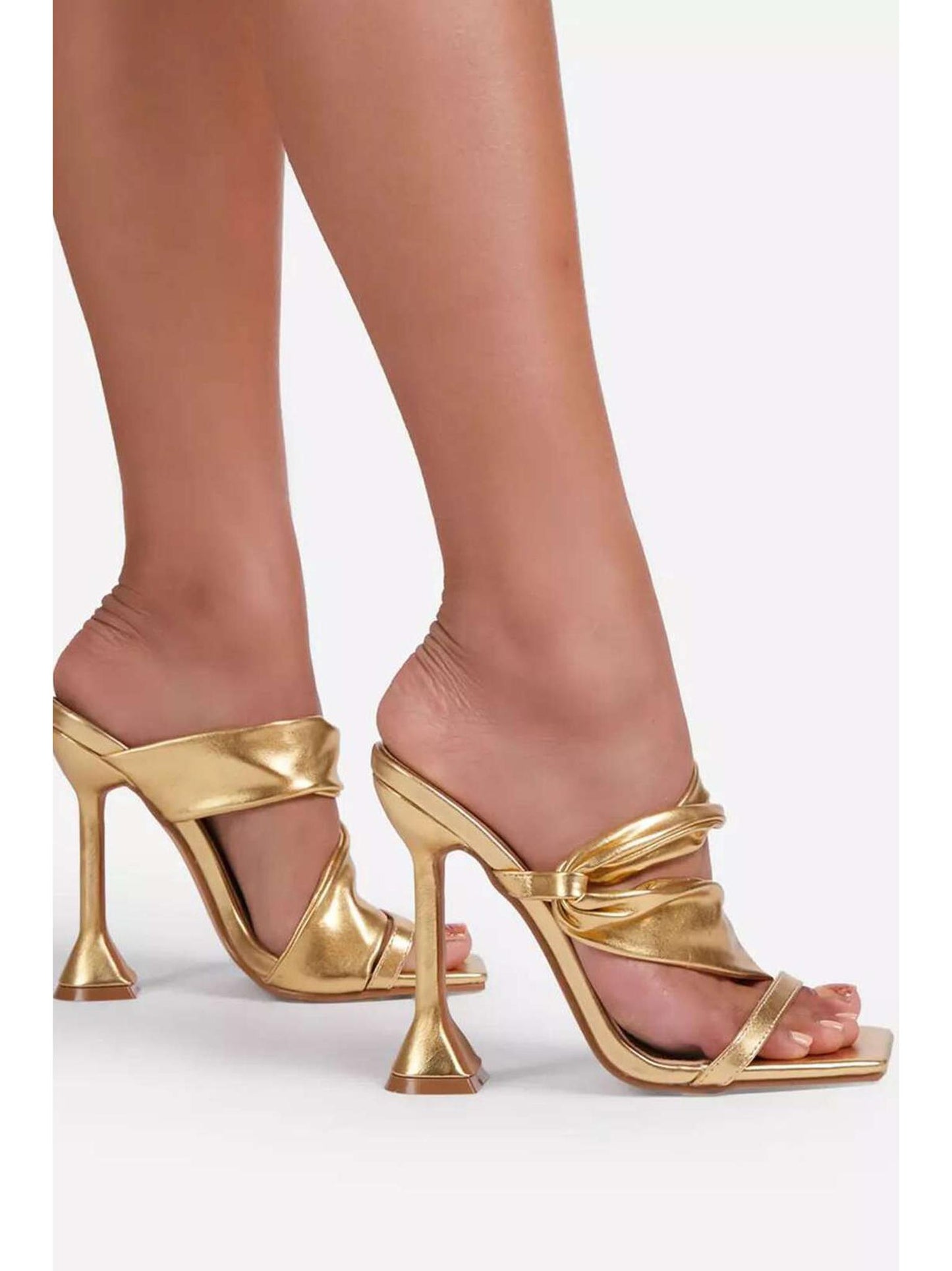 Metallic Ruched Square-Toe High Heels Sandals