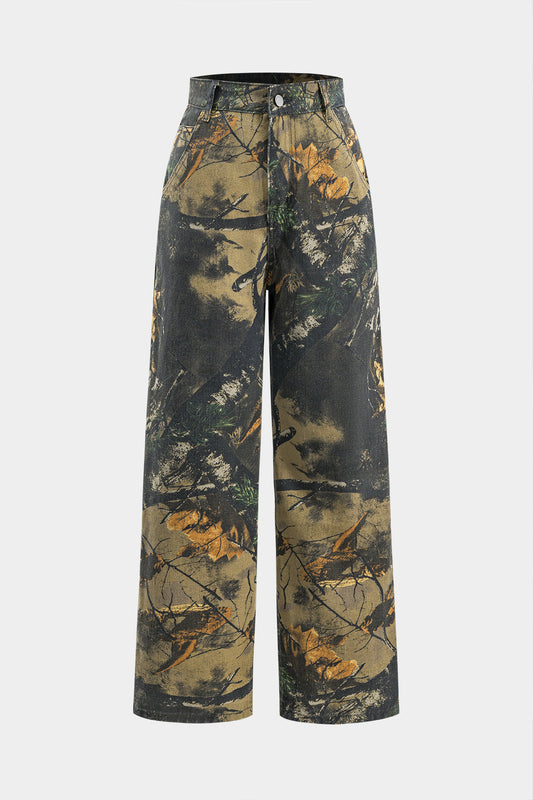 Branch Print Denim Wide Leg Trousers