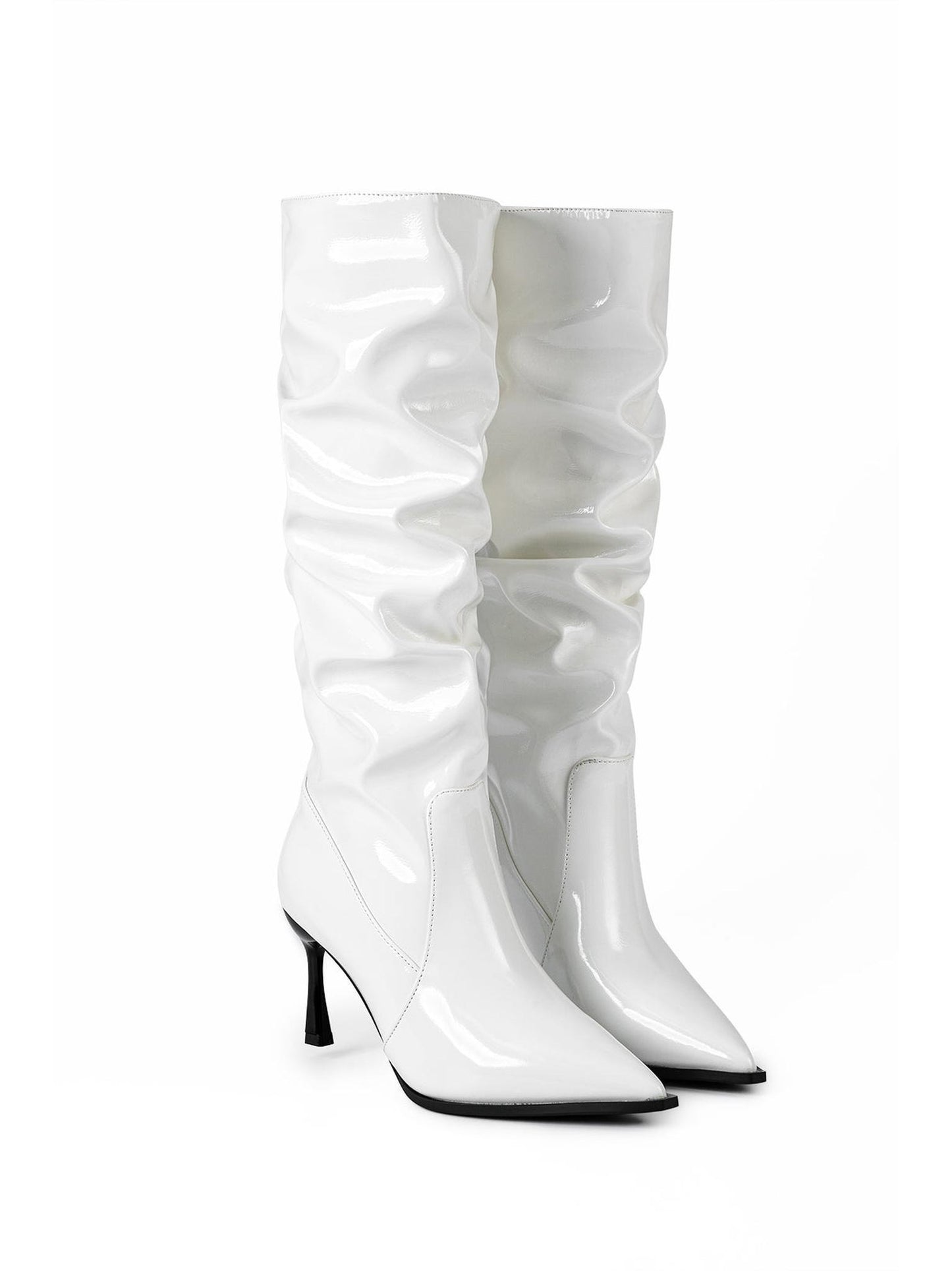 Faux Leather Ruched Pointed Toe Knee High Boots