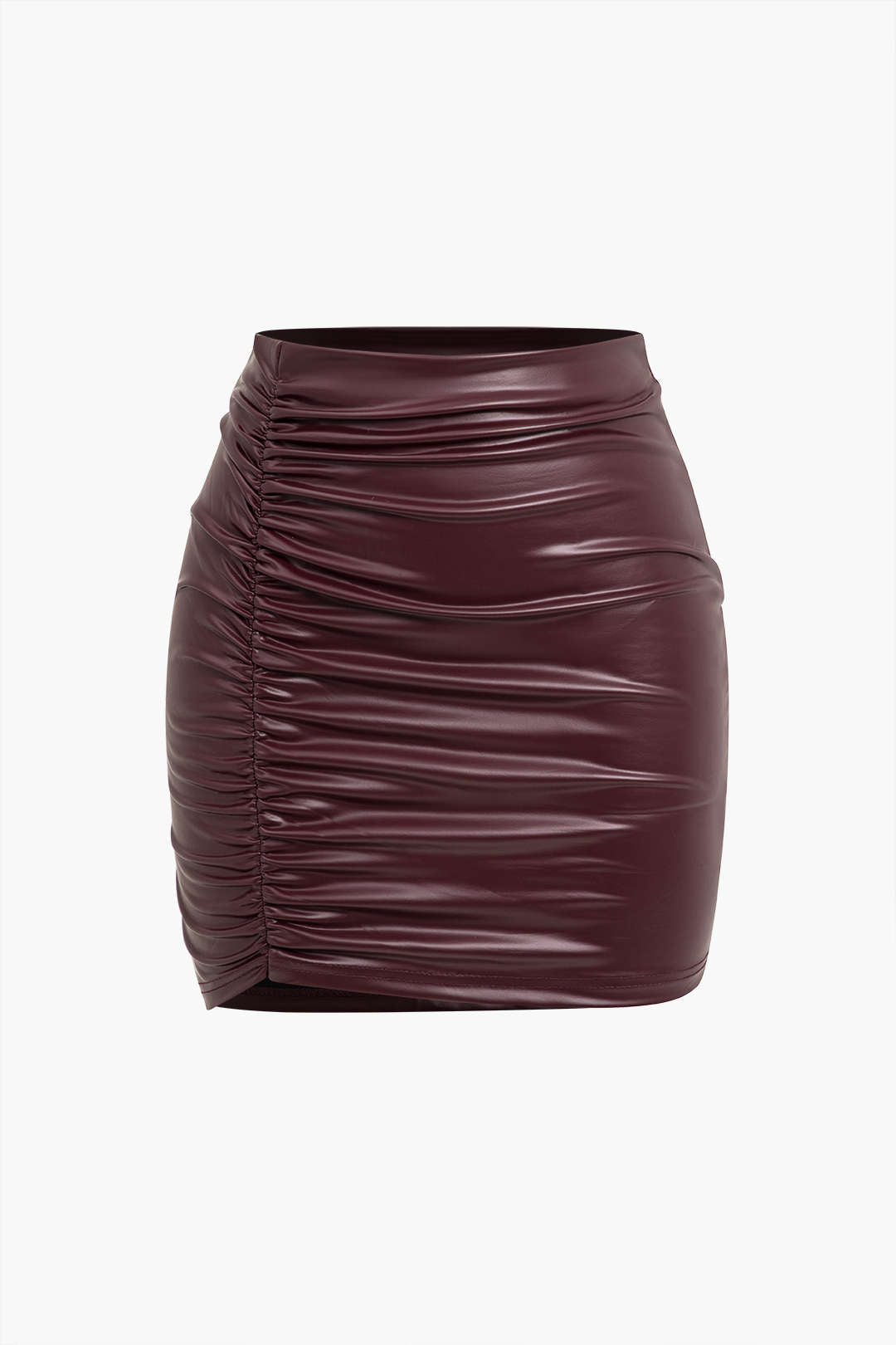 Solid Faux Leather Ruched Skirt in Fitted Style