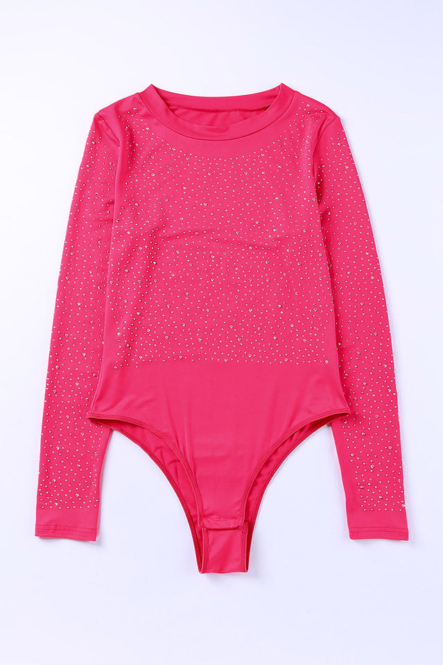 Rhinestone Long Sleeve Round Neck Bodysuit